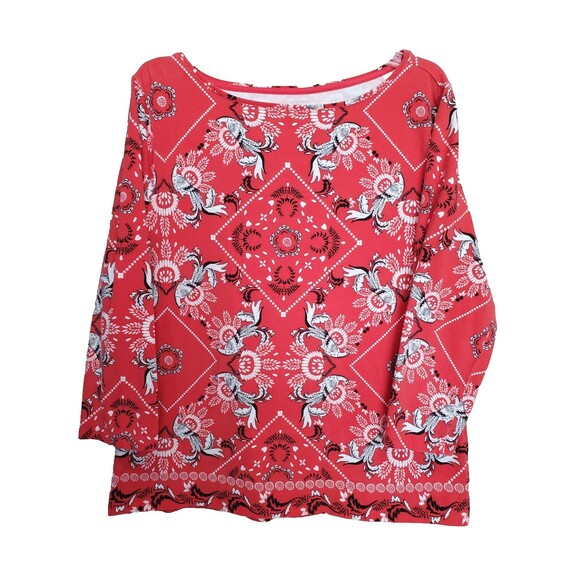 Talbots Tops - Talbots Cotton/Spandex Red Peacock Bandana Print Bateau Neck T-Shirt Size XL